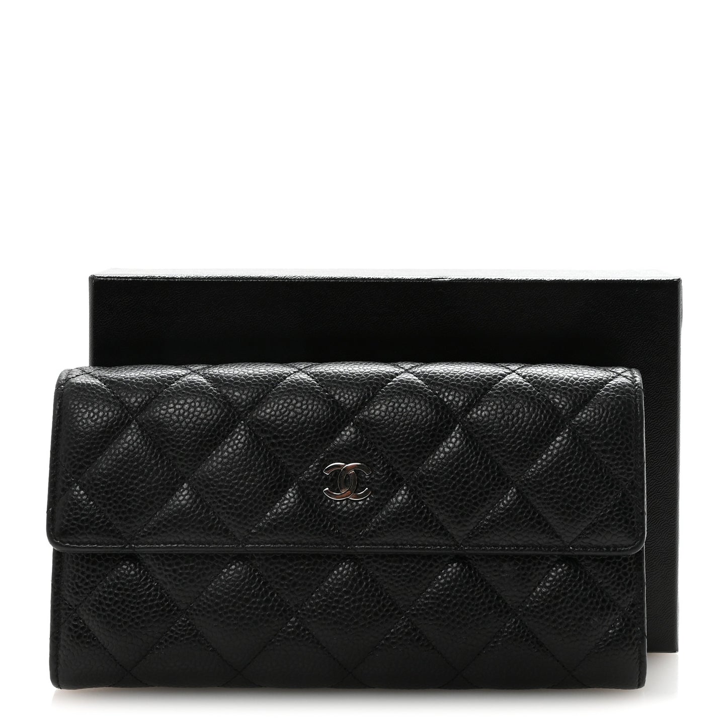 Caviar Quilted Large Gusset Flap Wallet Black