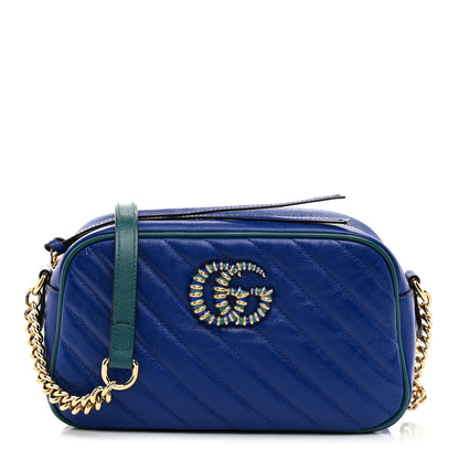 Gucci Azalea Calfskin Enamel Matelasse Diagonal Small Torchon GG Marmont Chain Shoulder Bag Imperial Blue Pavone 1 of 10