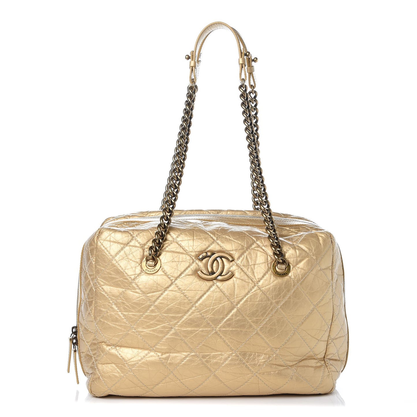 Metallic Aged Calfskin Quilted Large Secret Tag Bowling Bag Gold