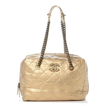 Chanel Metallic Aged Calfskin Quilted Large Secret Tag Bowling Bag Gold 1 of 10