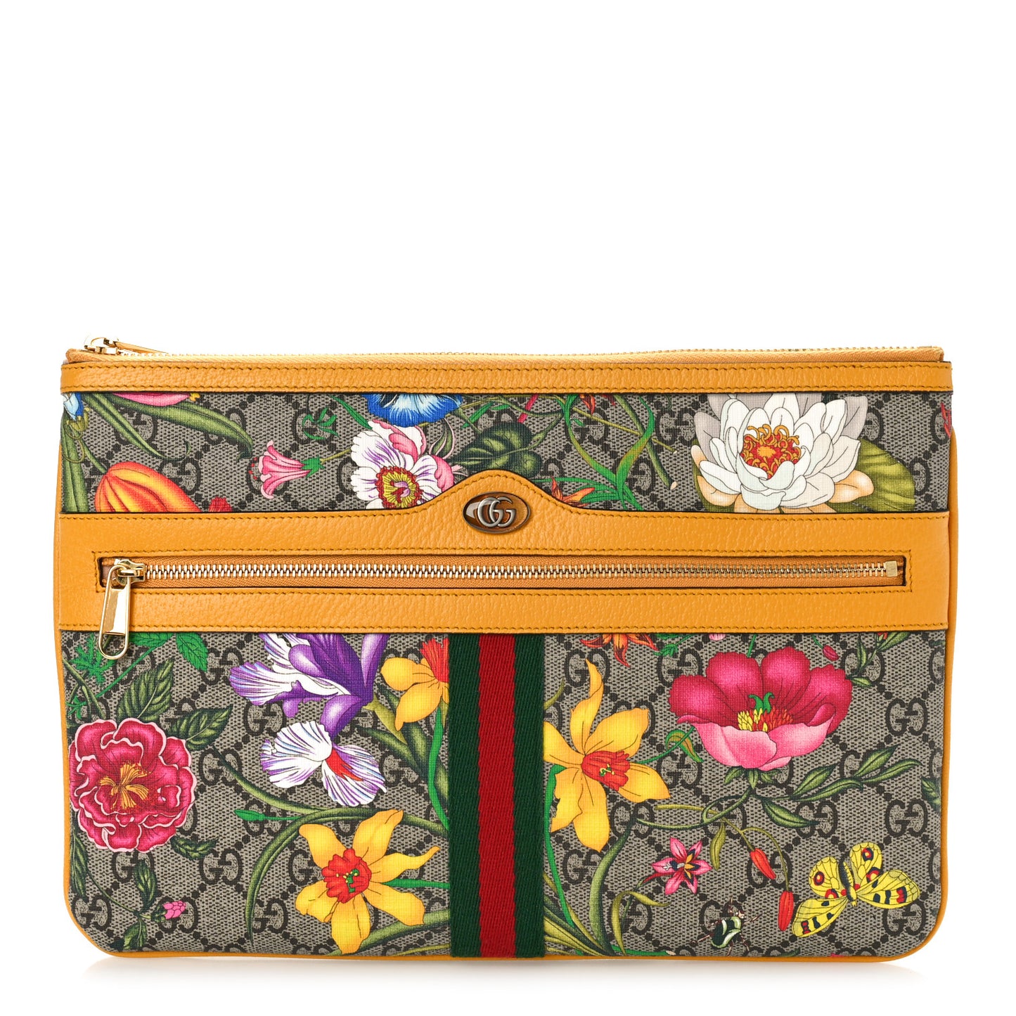 GG Supreme Monogram Flora Large Ophidia Pouch Clutch Beige Multicolor Crop
