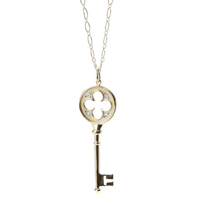 Tiffany 18K Yellow Gold Diamond Quatrefoil Key Pendant Necklace 3 of 7