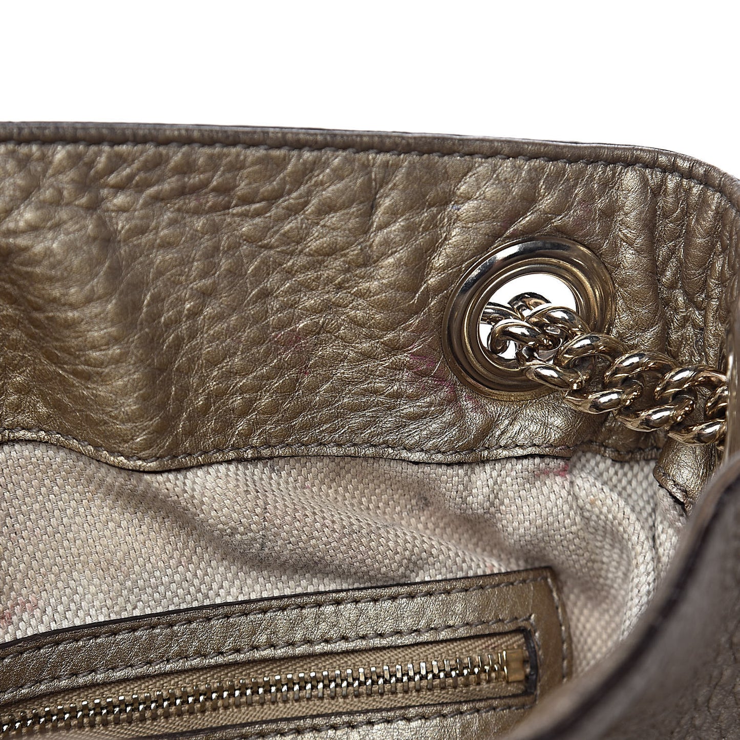Metallic Pebbled Calfskin Medium Soho Chain Shoulder Bag Golden Beige