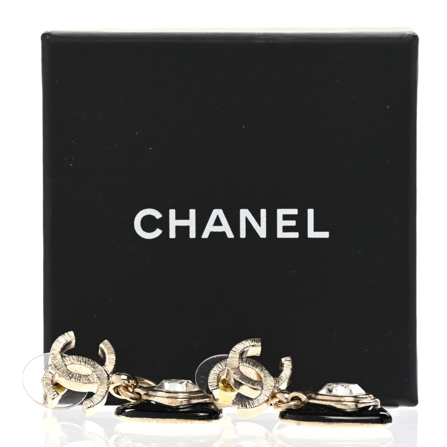 Resin Crystal CC Heart Drop Earrings Black Gold