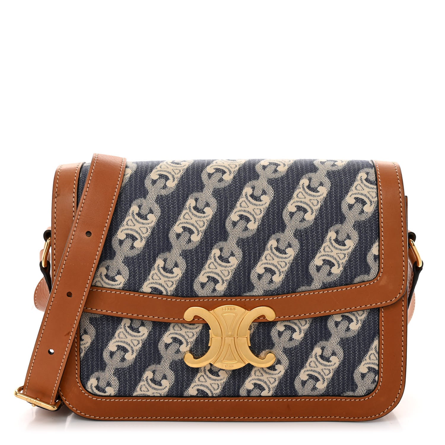 Celine Natural Calfskin Chaine Triomphe Jacquard Canvas Medium Triomphe Bag Navy Tan 1 of 10