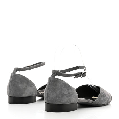 Chanel Suede Grosgrain Cap Toe CC Mary Jane Flats 37 Grey Black 4 of 9
