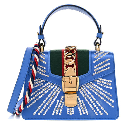 Gucci Satin Crystal Mini Sylvie Top Handle Bag Blue 1 of 15