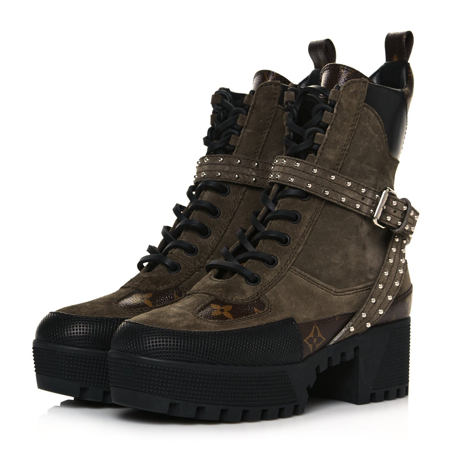 Suede Calfskin Monogram Laureate Platform Desert Boots 36 Kaki