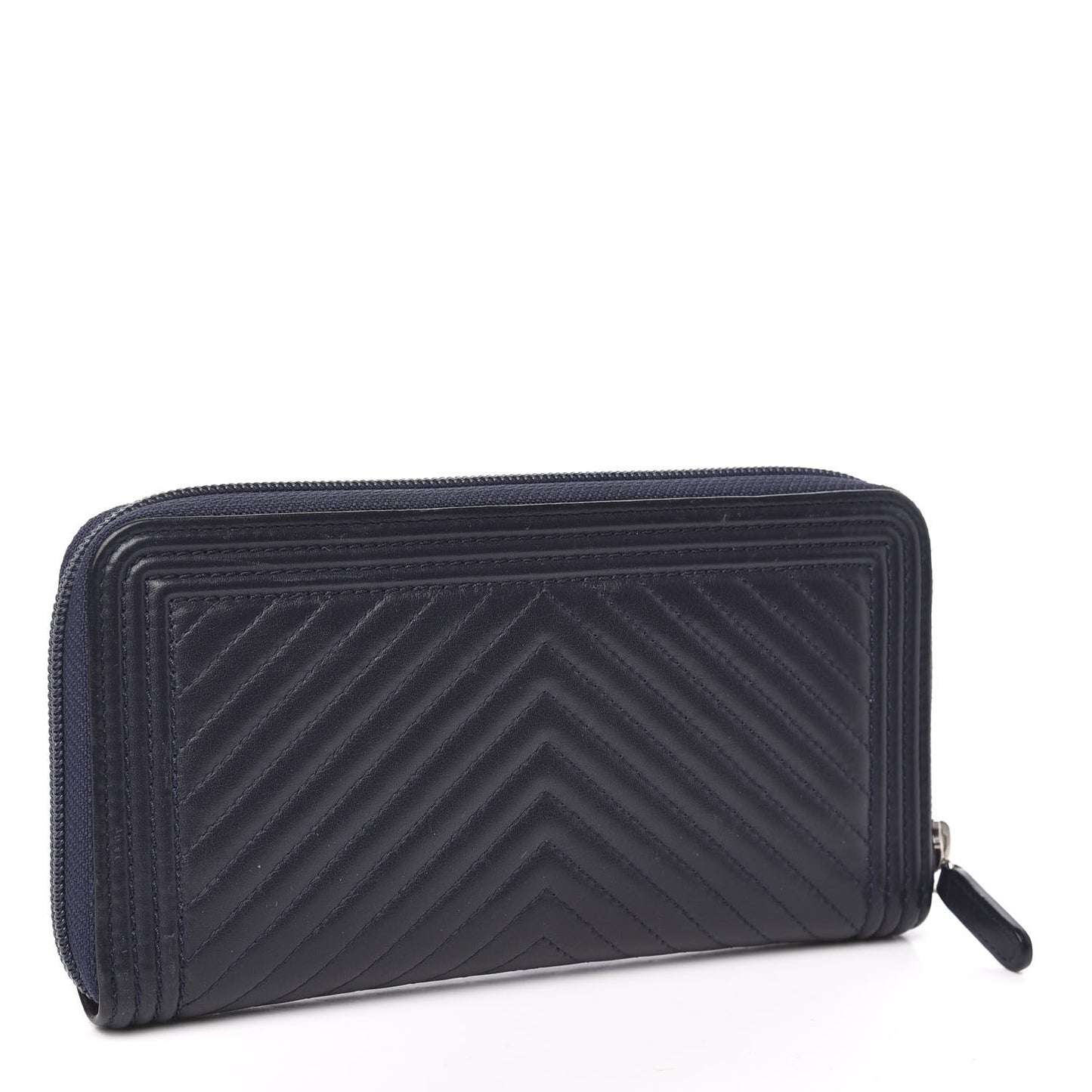Lambskin Chevron Quilted Zip Around Boy Wallet Navy Blue