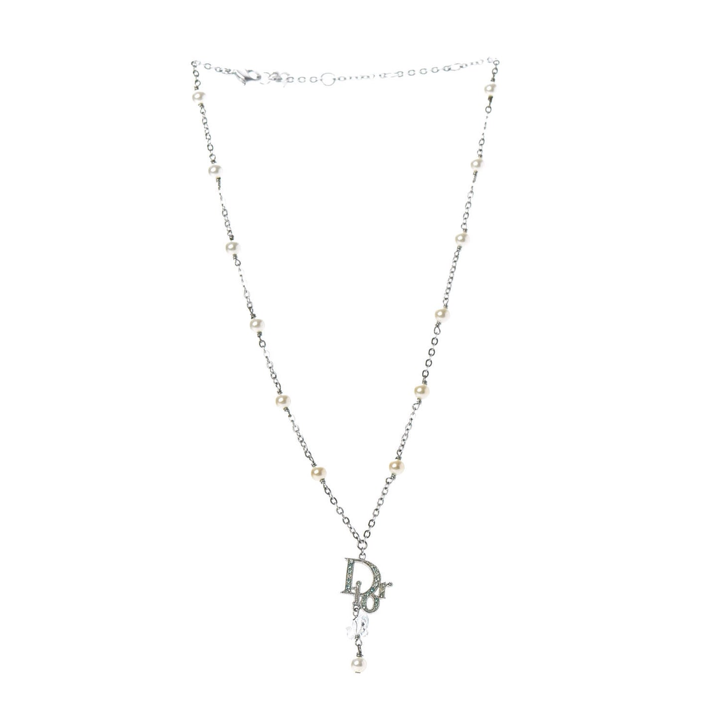 Crystal Pearl Logo Necklace Silver