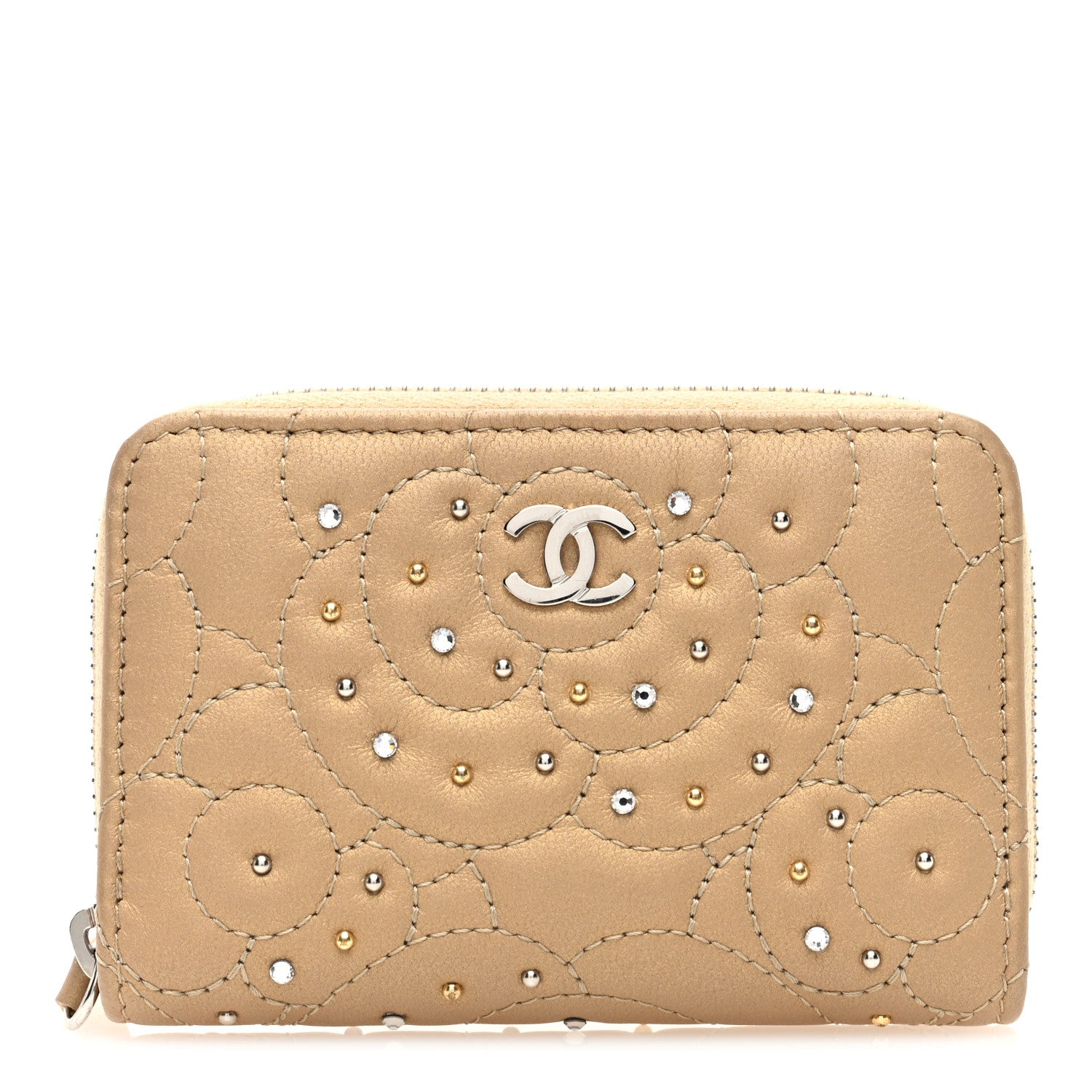 Chanel Metallic Lambskin Crystal Camellia Embossed Zip Coin Purse  Gold 1 of 8