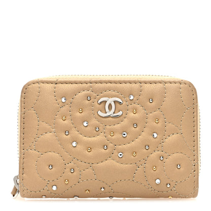 Chanel Metallic Lambskin Crystal Camellia Embossed Zip Coin Purse  Gold 1 of 8