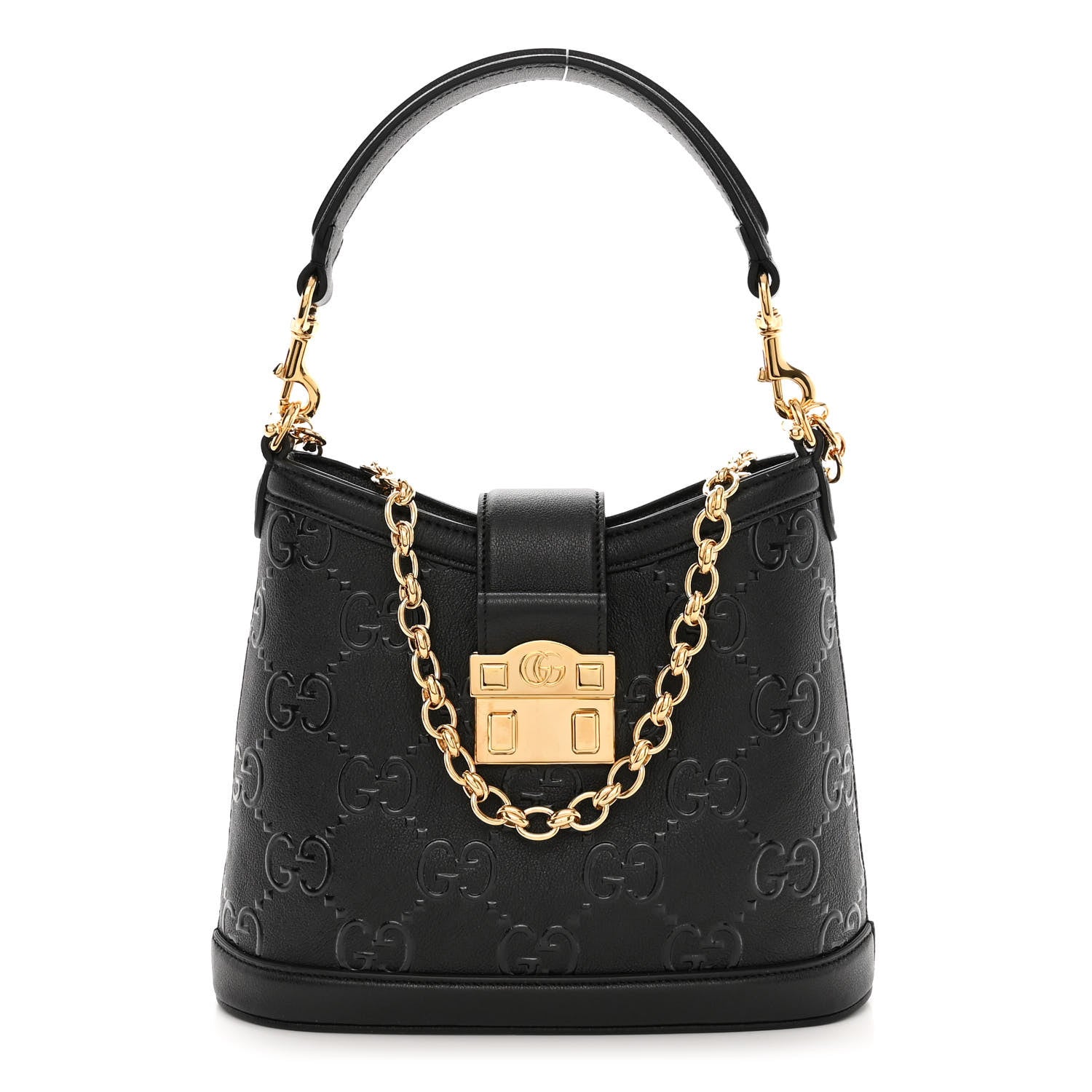 Gucci Wonka Grain Calfskin GG Monogram Debossed Small Padlock Shoulder Bag Black 1 of 10