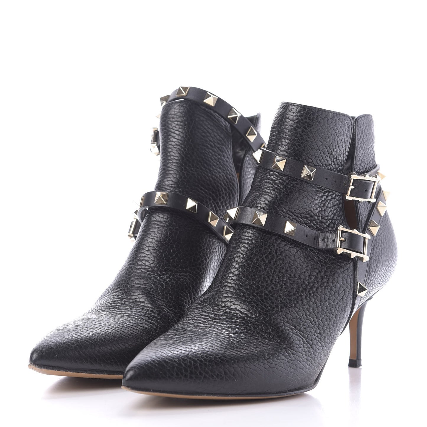 Pebbled Calfskin Rockstud Double Buckle 65mm Ankle Boots 36.5 Black