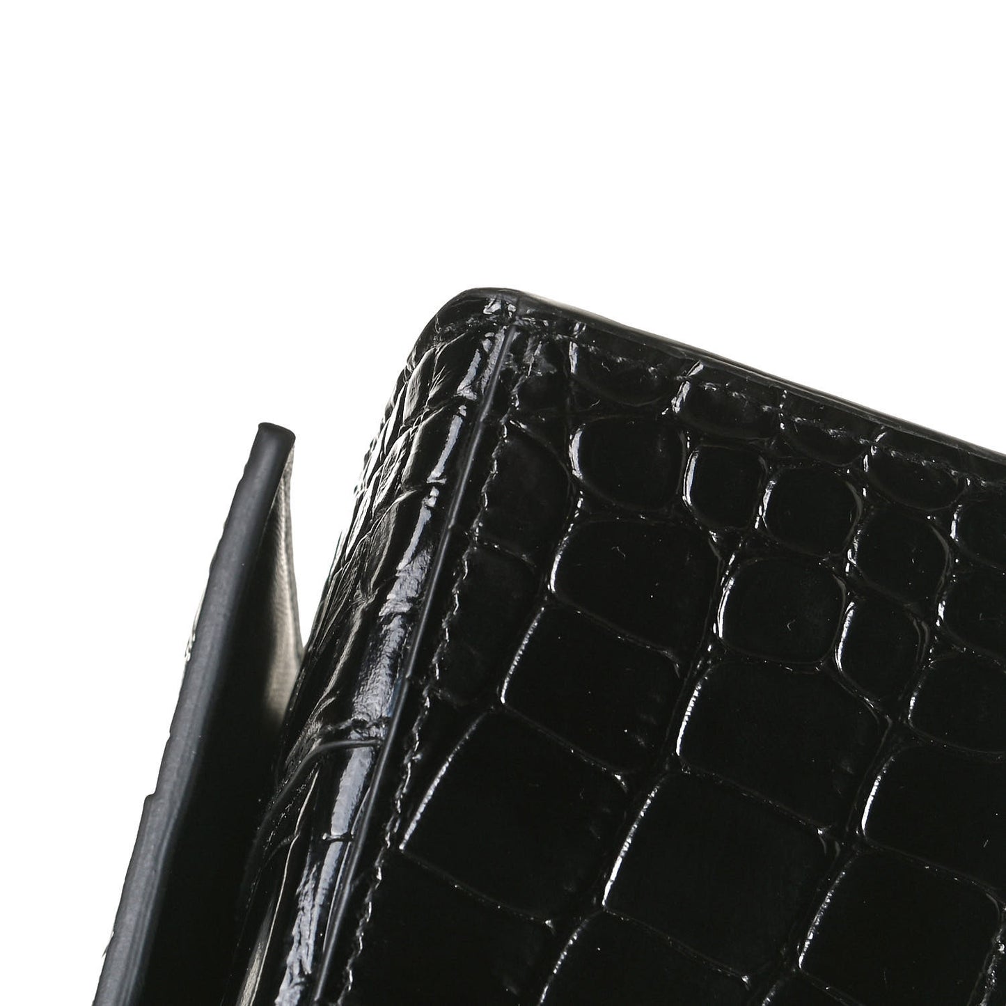 Shiny Calfskin Crocodile Embossed Hourglass Top Handle Bag XS Black
