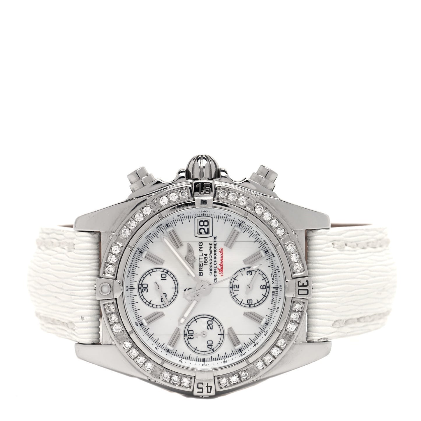 Stainless Steel Calfskin Diamond Mother of Pearl 39mm Cockpit Chronograph Automatic Watch A13358