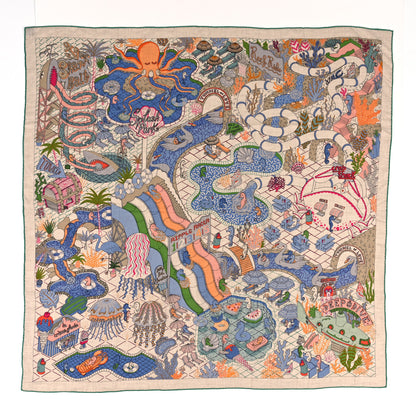 Hermes Cashmere Silk Splash Park Shawl 140 Naturel Vert Bleu 1 of 3