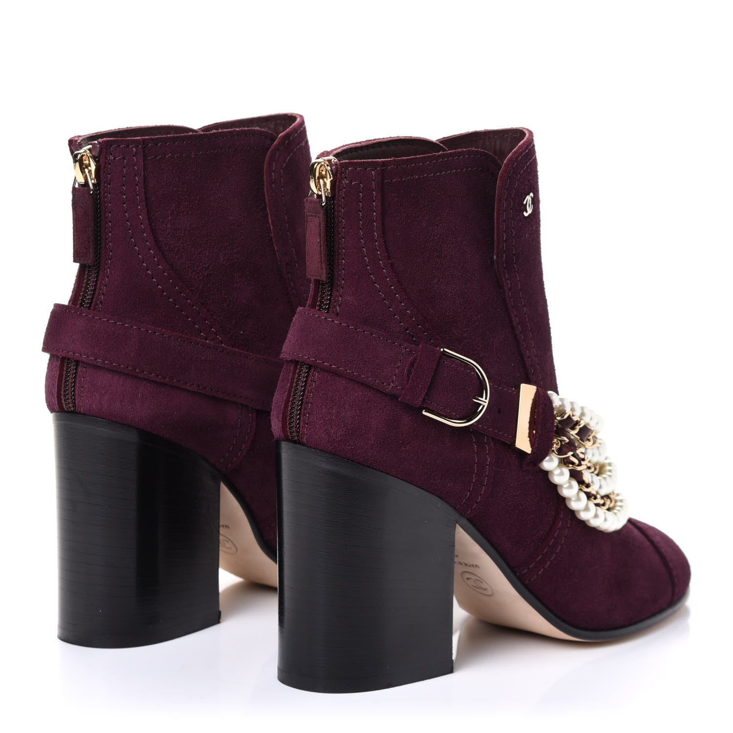 Chanel Suede Calfskin Pearl Cap Toe Short Boots 38 Burgundy 3 of 4