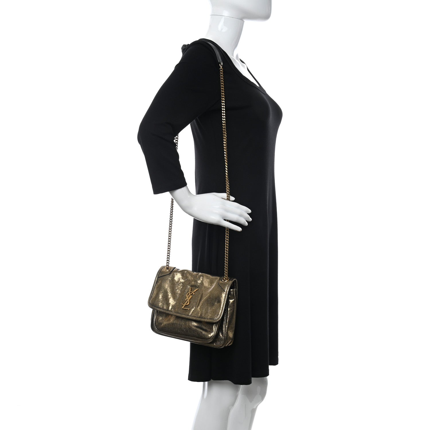 Saint Laurent Metallic Cracked Calfskin Matelasse Monogram Baby Niki Chain Satchel Gold 2 of 10