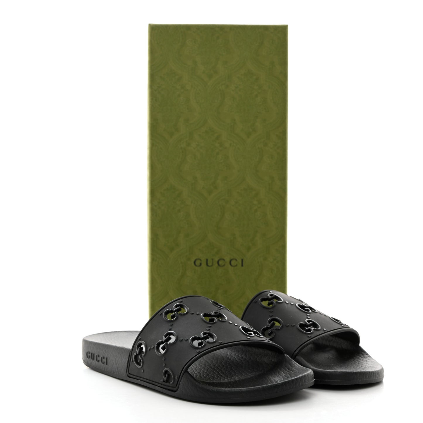 Rubber GG Monogram Perforated Womens Slide Sandals Black