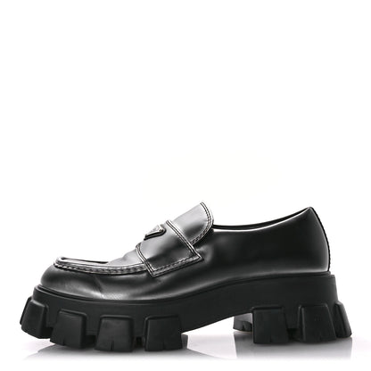Prada Spazzolato Rois Metal Triangle Logo Mens Monolith 60mm Loafers 11 Black Argento 1 of 9