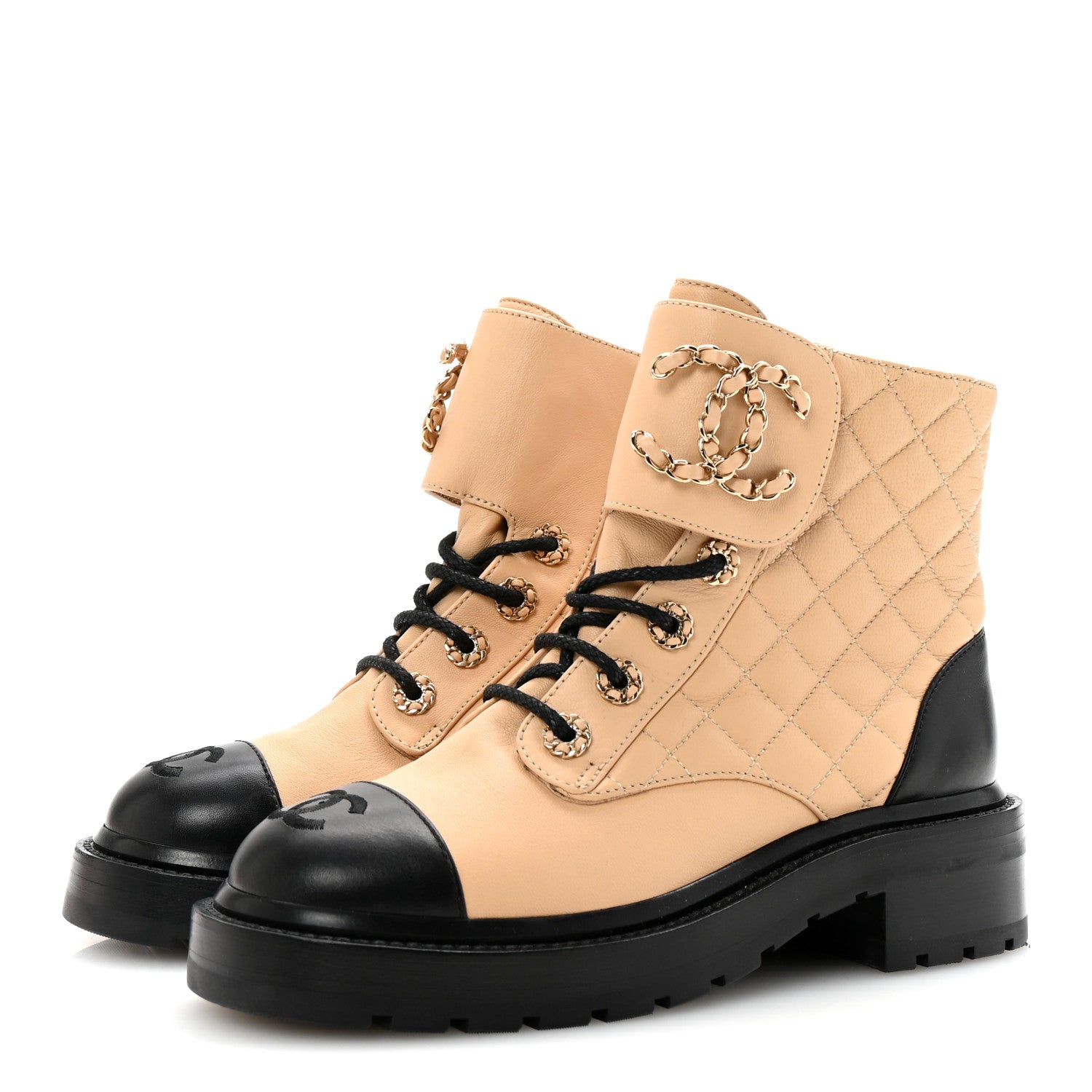 Chanel Lambskin Calfskin Quilted Lace Up Combat Boots 35.5 Beige Black 4 of 10
