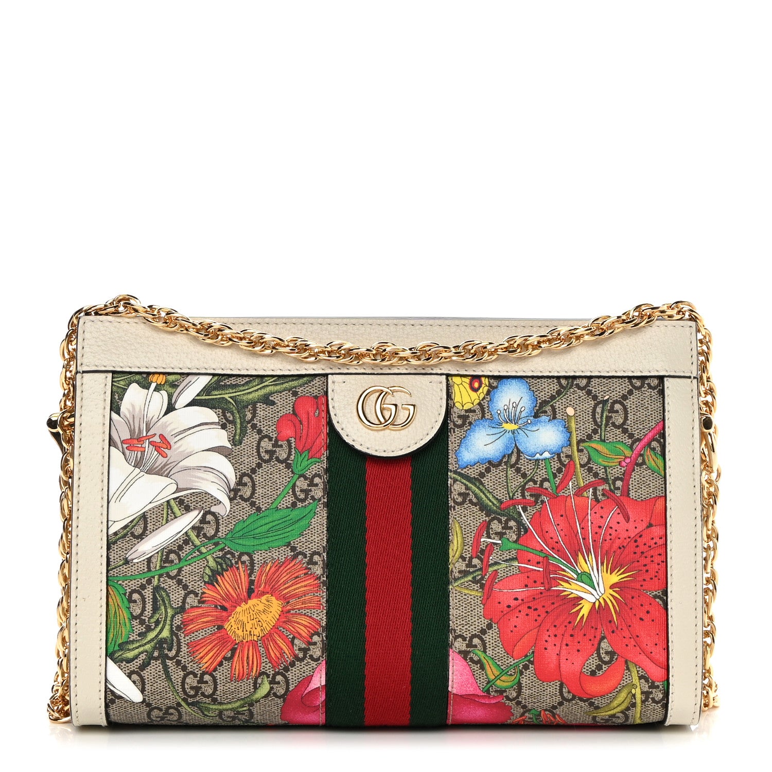 Gucci GG Supreme Monogram Flora Web Small Ophidia Chain Shoulder Bag White 1 of 11