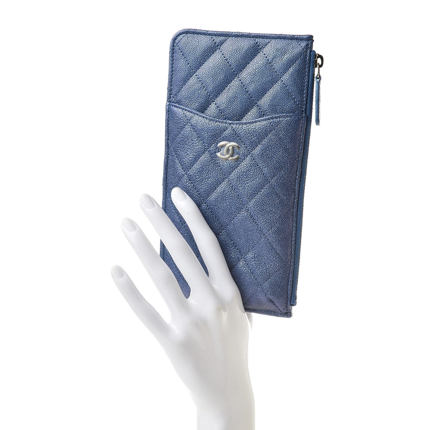 Iridescent Caviar Quilted Classic Flat Wallet Pouch Dark Blue