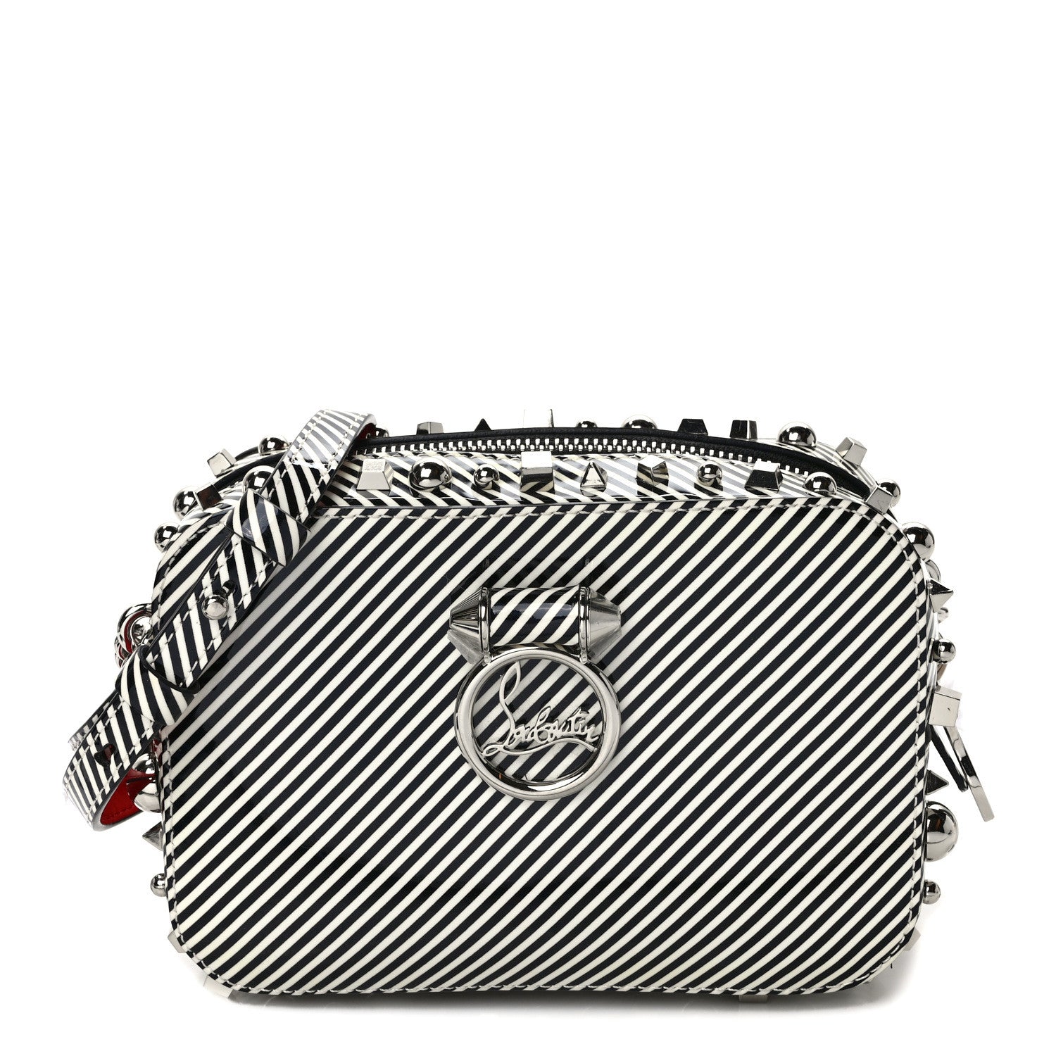 Christian Louboutin Patent Striped Spikes Mini Rubylou Crossbody Black White 1 of 8