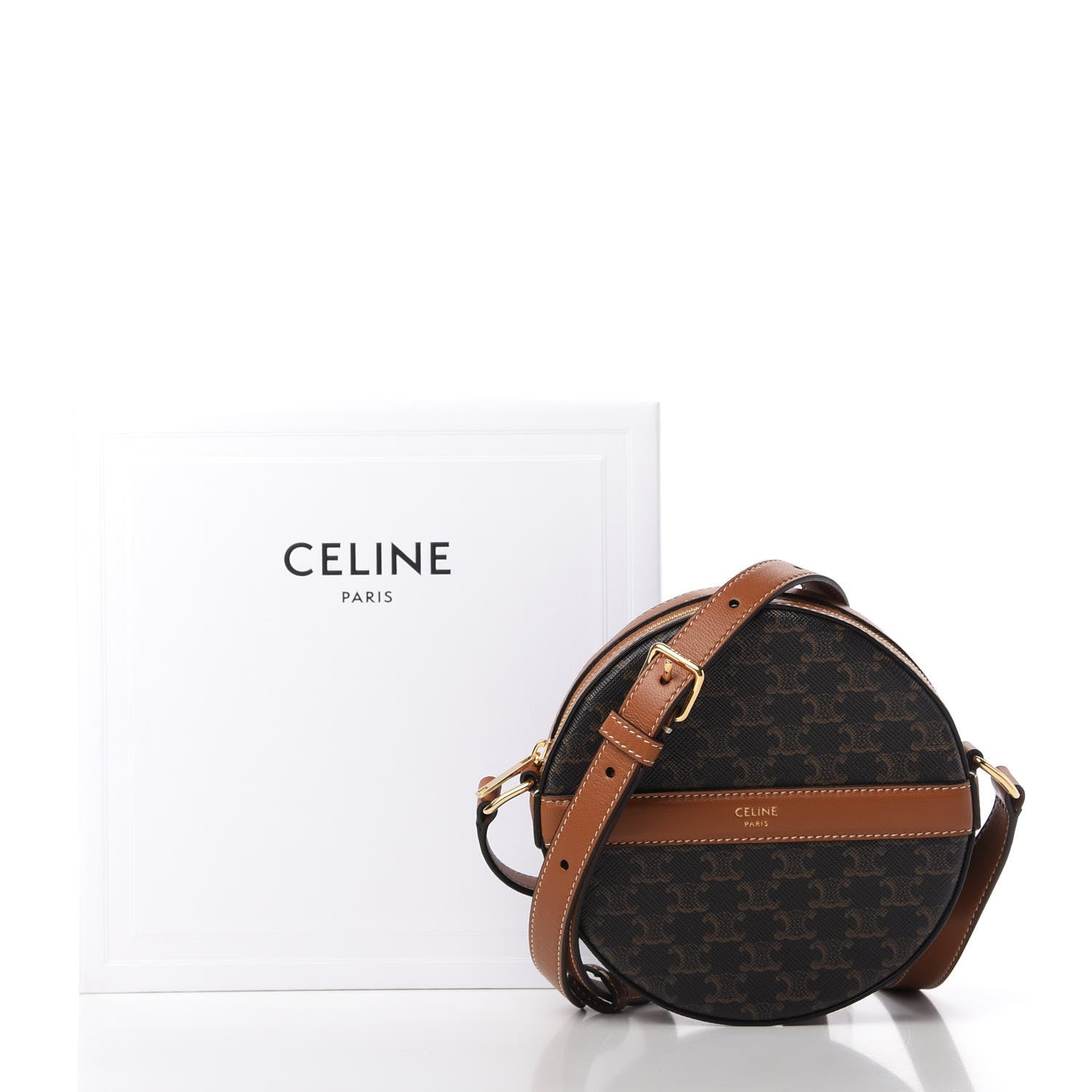 Celine Lambskin Triomphe Canvas Round Purse On Strap Black Tan 10 of 10
