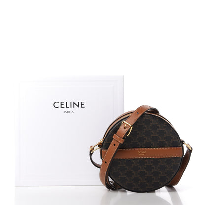 Celine Lambskin Triomphe Canvas Round Purse On Strap Black Tan 10 of 10