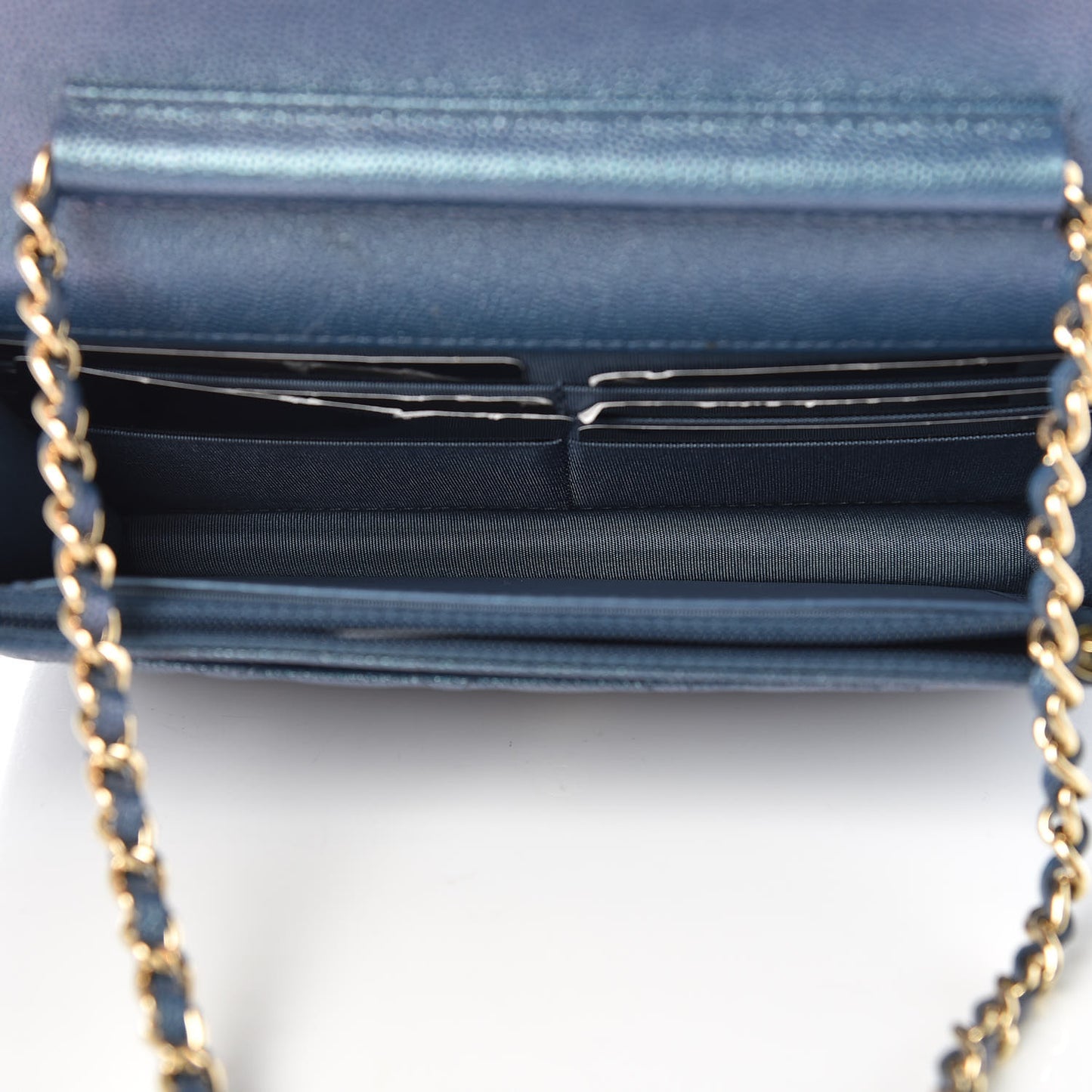 Iridescent Caviar Quilted Wallet on Chain WOC Dark Blue
