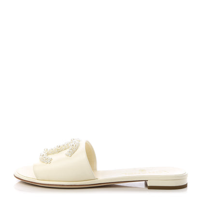 Chanel Lambskin Pearl CC Flat Sandals 37.5 Ivory 1 of 10