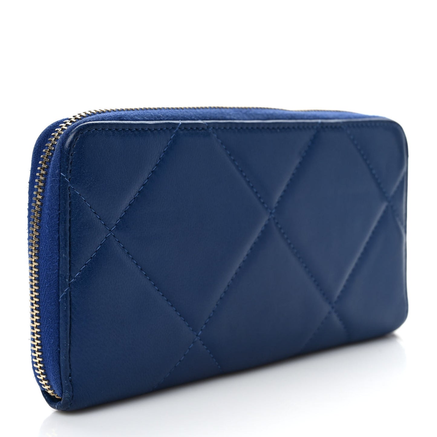 Shiny Goatskin Quilted Chanel 19 Long Zipped Around Wallet Blue