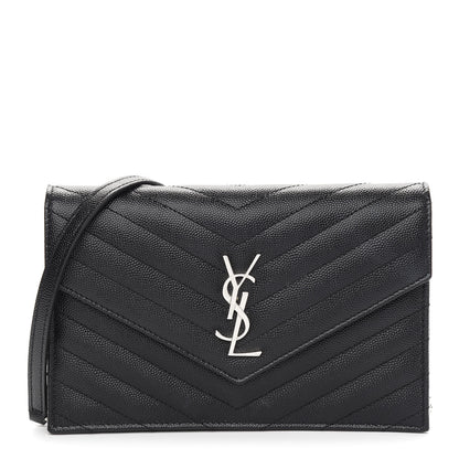 Saint Laurent Grain De Poudre Matelasse Chevron Monogram Envelope Chain Wallet Black 1 of 9