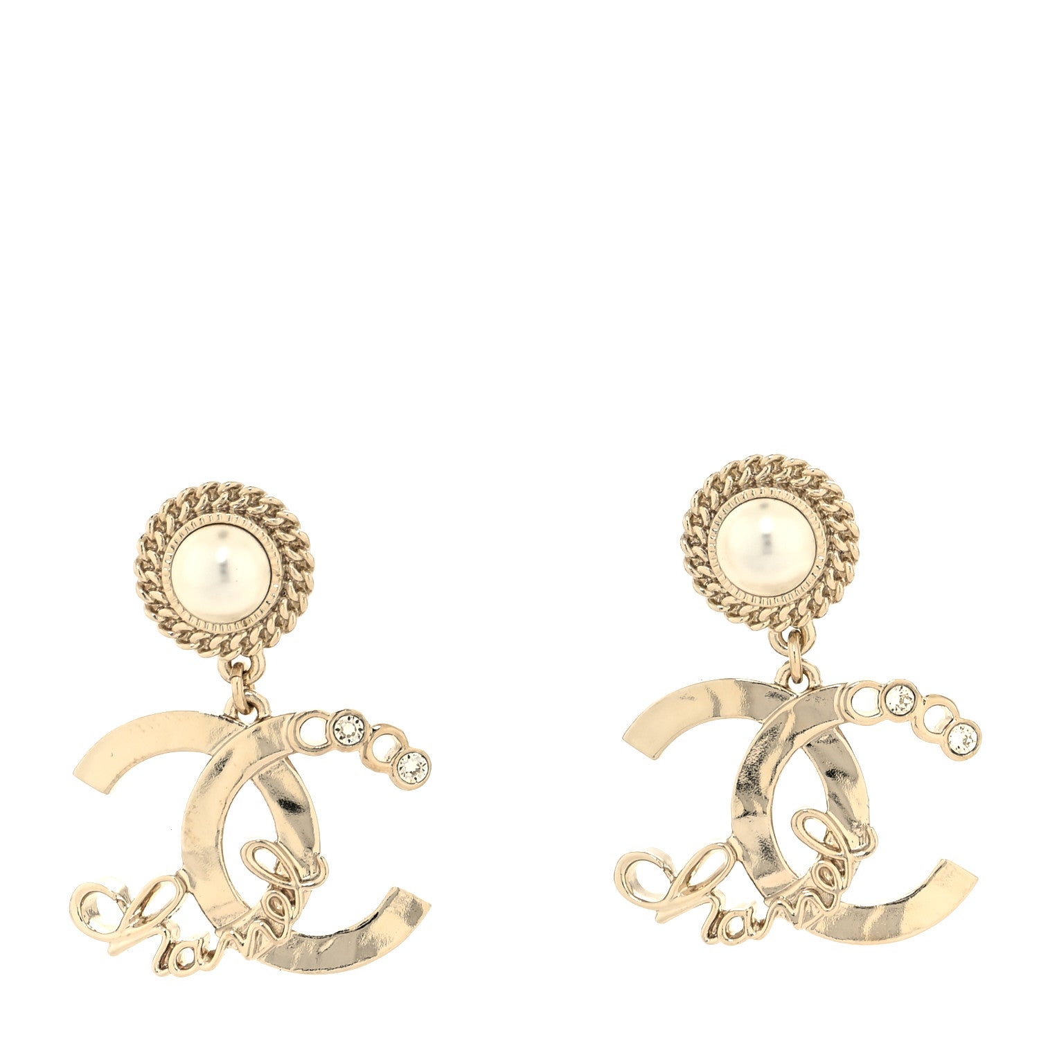 Chanel Metal Pearl Crystal Coco Script CC Drop Earrings Gold Gold 1 of 4