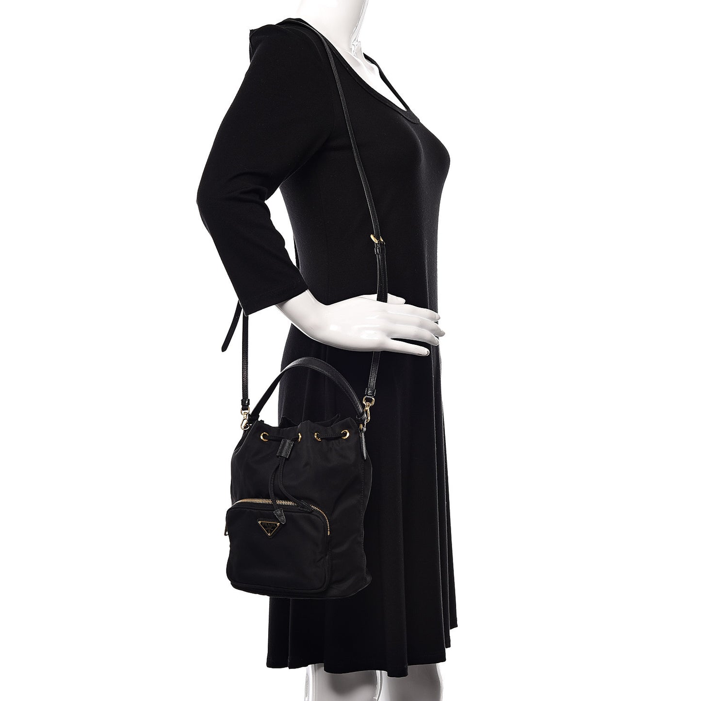 Saffiano Tessuto Nylon Mini Bucket Crossbody Bag Black