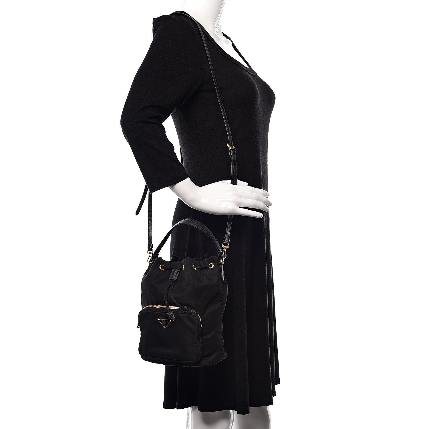 Prada Saffiano Tessuto Nylon Mini Bucket Crossbody Bag Black 2 of 9