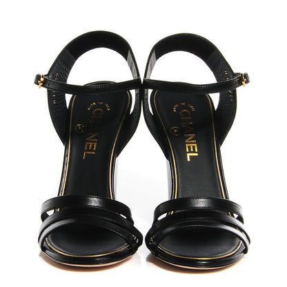 Chanel Calfskin Pearl Wedge Sandals 39 Black 2 of 8