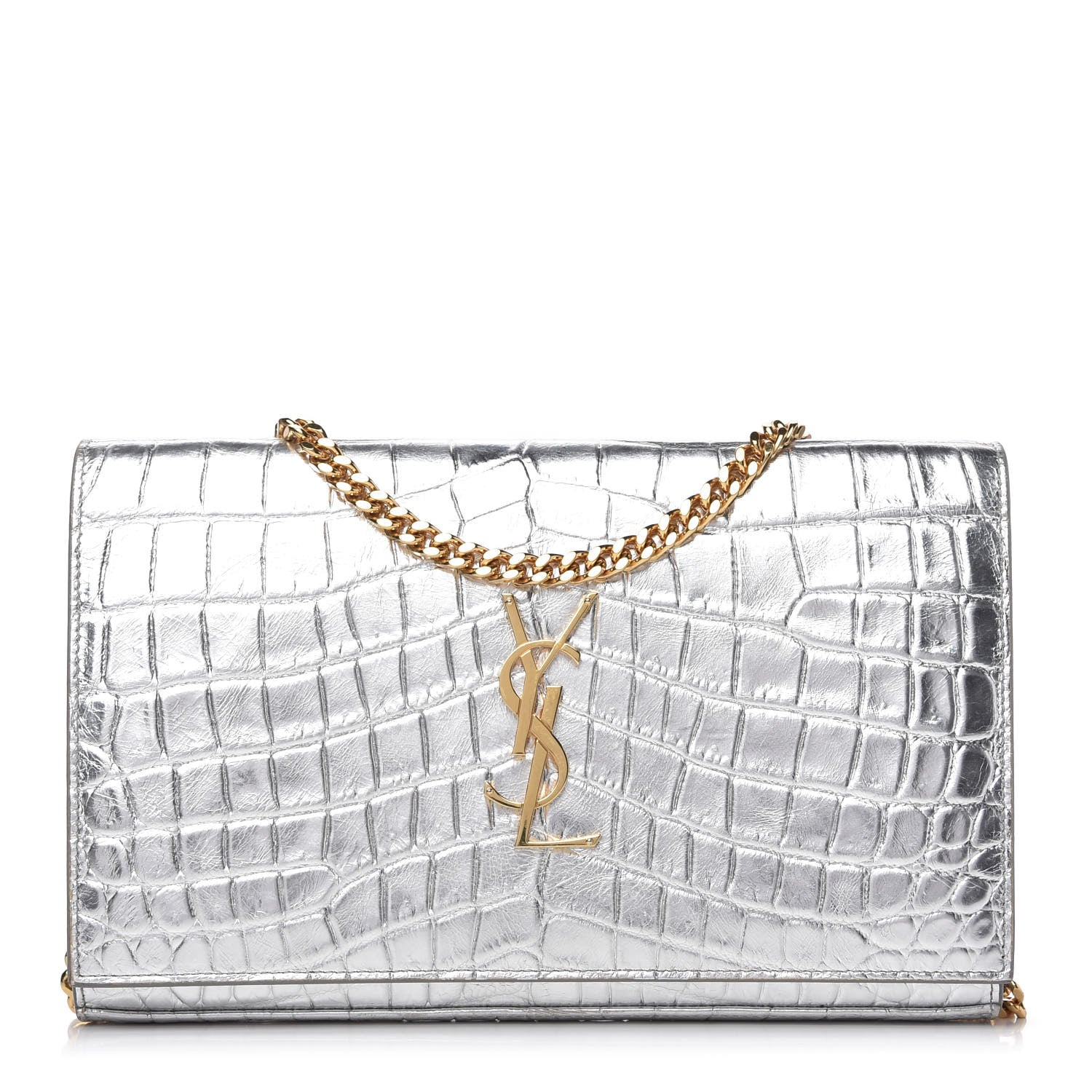Saint Laurent Calfskin Crocodile Embossed Monogram Chain Wallet Argento 1 of 9