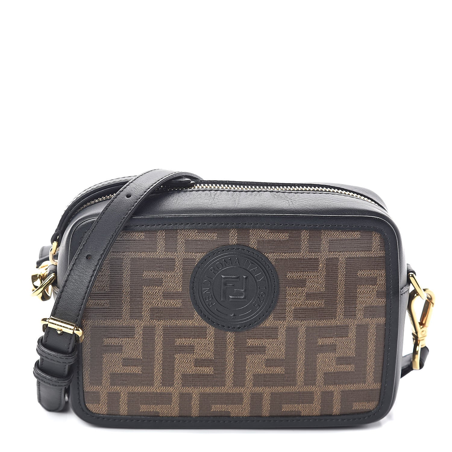 Fendi Glazed Fabric Vitello Century FF 1974 Stamp Patch Mini Camera Case Mogano Panna Black 1 of 9