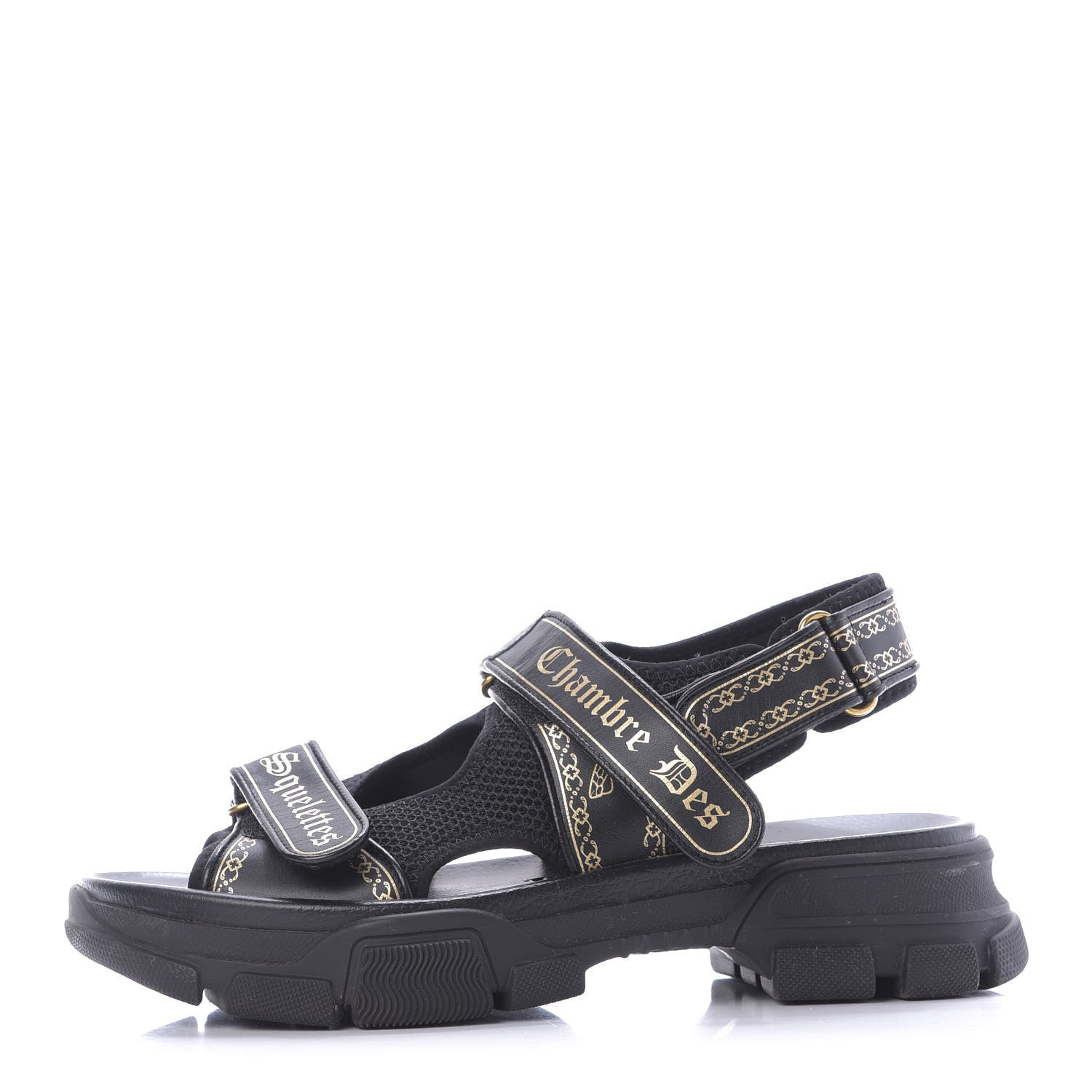 Gucci Nappa Mesh Chambre des Squelettes Mens Aguru Sandals 9 Black Gold 1 of 13