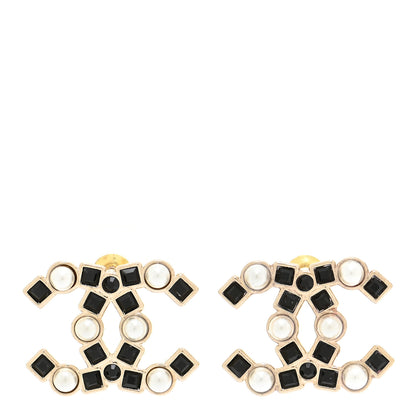 Chanel Pearl Crystal CC Earrings Gold Black 1 of 5