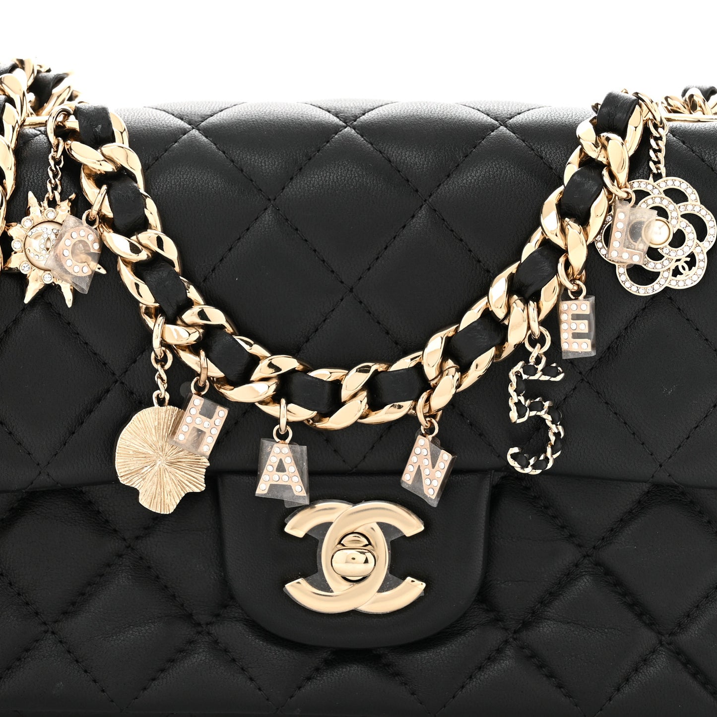 Lambskin Quilted Mini Coco Charms Rectangular Flap Black