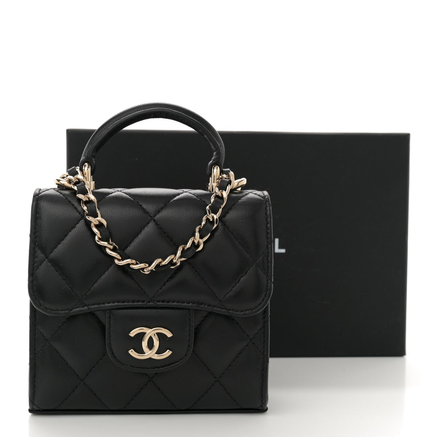 Lambskin Quilted Top Handle Flap Clutch With Chain Black