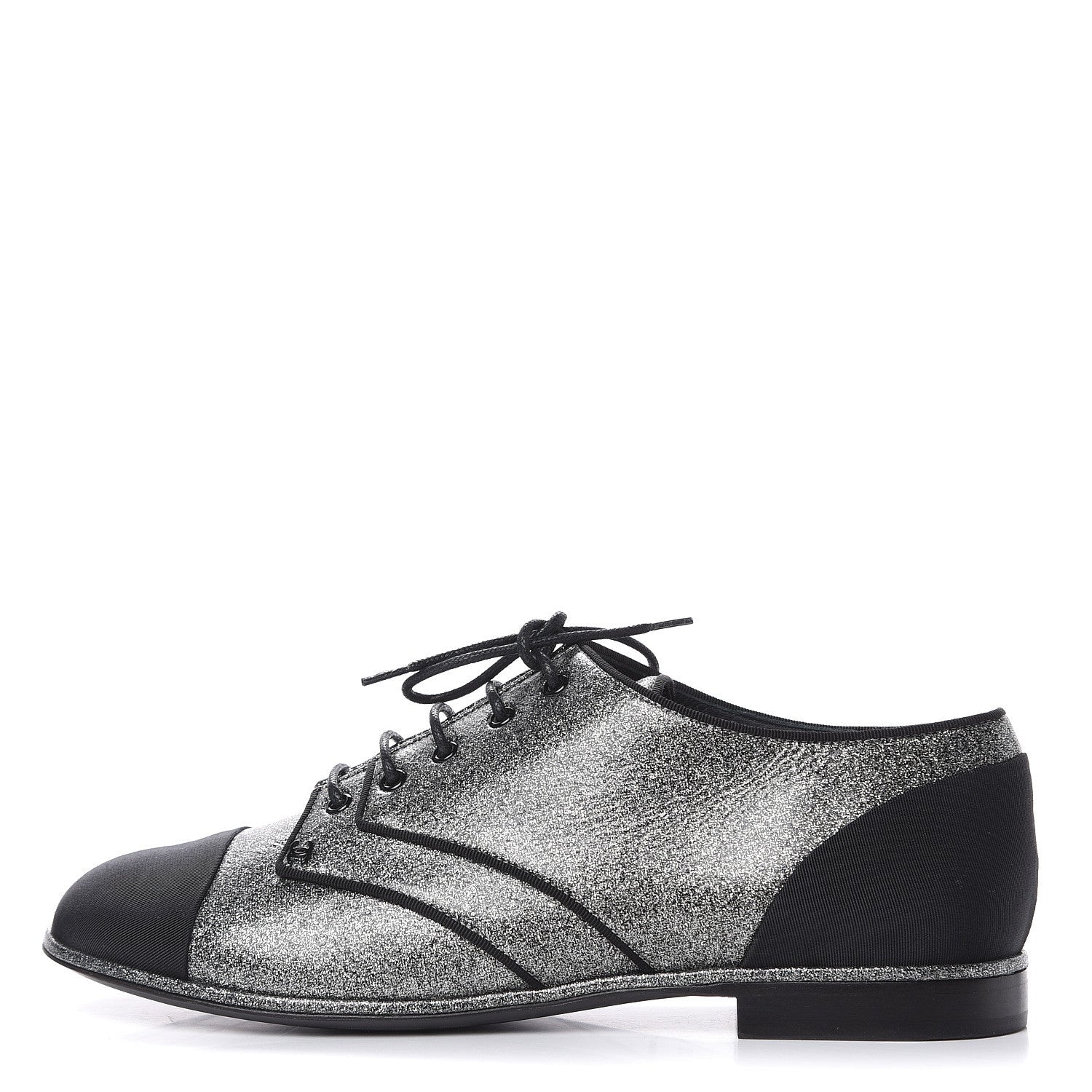 Chanel Glitter Fabric Grosgrain Cap Toe Lace Up Oxfords 37 Black Silver 1 of 9