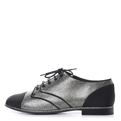 Chanel Glitter Fabric Grosgrain Cap Toe Lace Up Oxfords 37 Black Silver 1 of 9