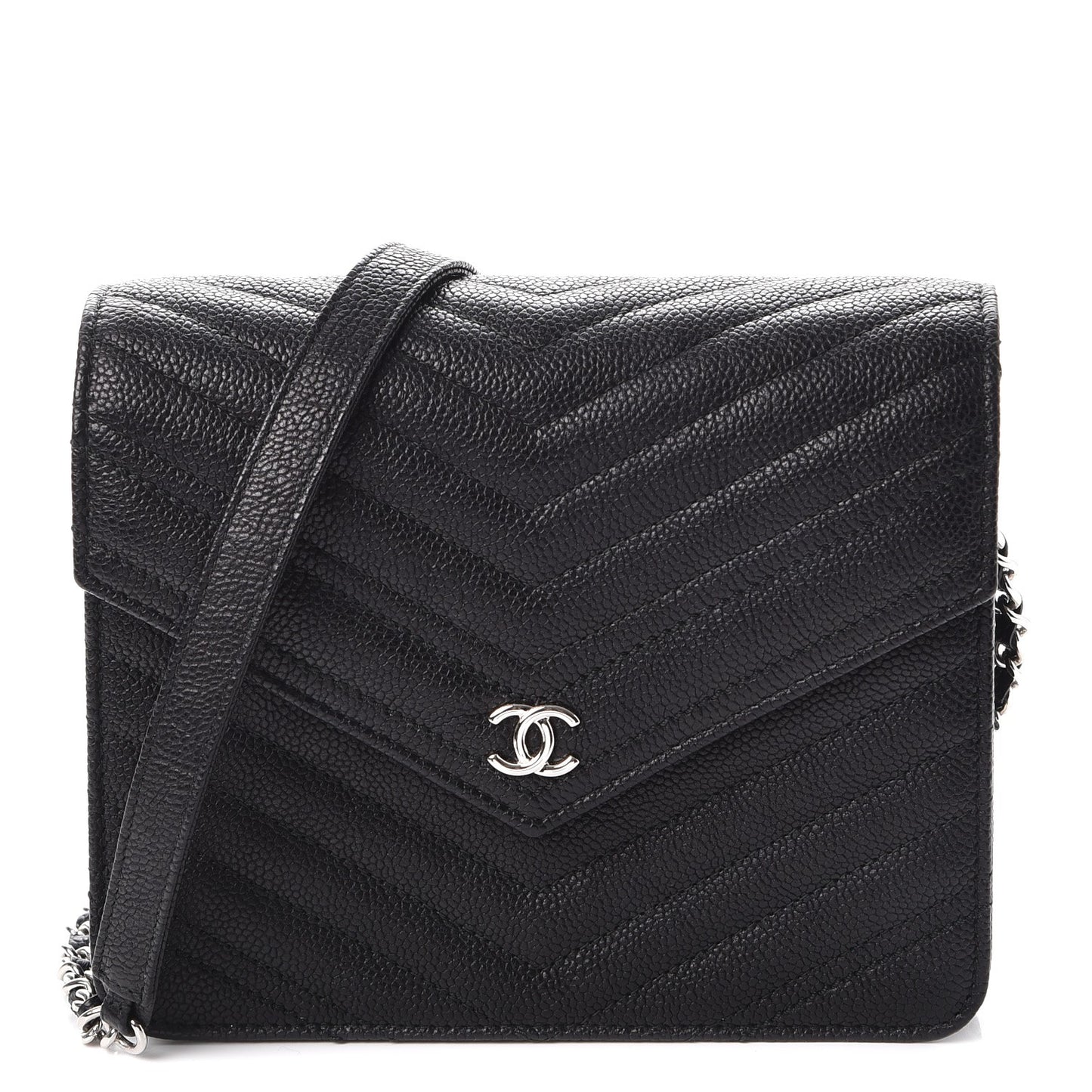 Caviar Chevron Quilted Square Wallet On Chain WOC Black