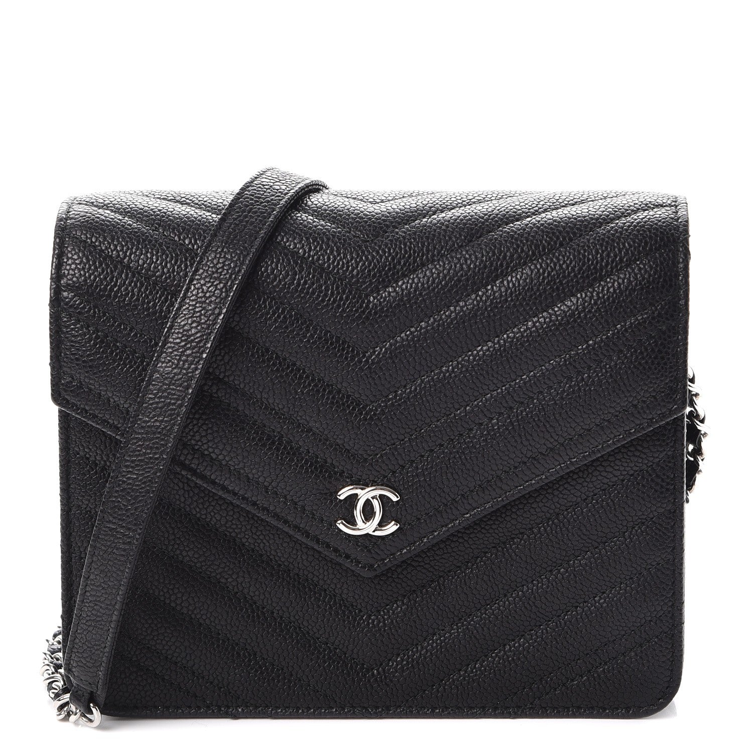 Chanel Caviar Chevron Quilted Square Wallet On Chain WOC Black 1 of 9