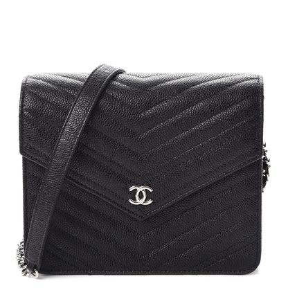 Chanel Caviar Chevron Quilted Square Wallet On Chain WOC Black 1 of 9